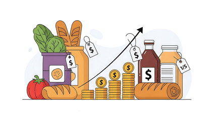 Rising food prices and inflation impacting grocery costs, illustrated by a graph showing increasing money symbols