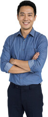 Chinese Middle age successful smiling business man half body portrait with crossed arms in blue shirt isolated on transparent background