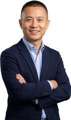 Chinese Middle age successful smiling business man half body portrait with crossed arms in blue shirt isolated on transparent background