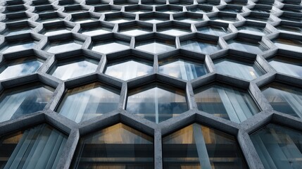 Obraz premium Modern Hexagonal Glass Facade of a Minimalist Architectural Building Structure