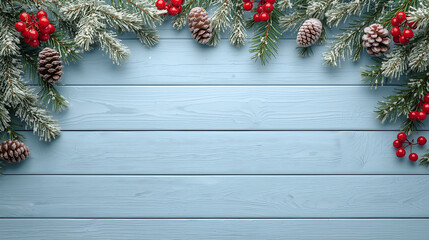 A winter holiday flat-lay features frosted pine branches, pinecones, and clusters of red berries set against a light blue wooden table. A light dusting of snow adds to the cozy festive atmosphere.