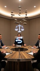 Wide-Angle Photograph of Corporate Mediation Session in Luxury Boardroom with Holographic Balance Scales and Agreement Icons Over Circular Table