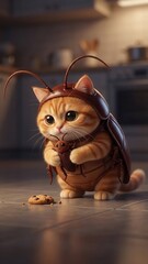 Adorable orange kitten dressed as a cockroach in a cozy kitchen, holding a bug plush toy while eyeing a chocolate chip cookie.
