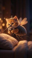 Playful ginger kitten in a mosquito costume hovering by a bed, holding a plush mosquito toy in a softly lit bedroom.
