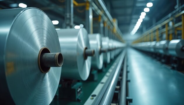 Large aluminum foil rolls stand in a modern factory line, ready for packaging and distribution. These shiny metallic coils signify industrial production and manufacturing processes.