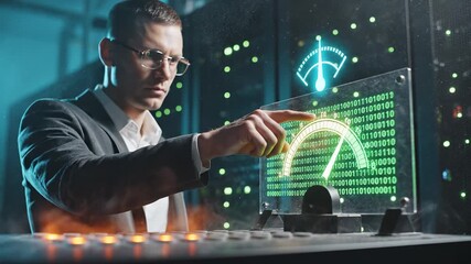 Man touches holographic magnifying glass with binary code on screen. Businessman analyzes digital data display. Man interacts with holographic search interface. Digital magnifying technology. - Powered by Adobe
