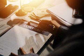 Businesswoman and Male lawyer or judge consult and conference having team meeting with client at law firm in office, Law and Legal services concept