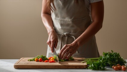 Fresh Vegetables Being Chopped on a Wooden Cutting Board