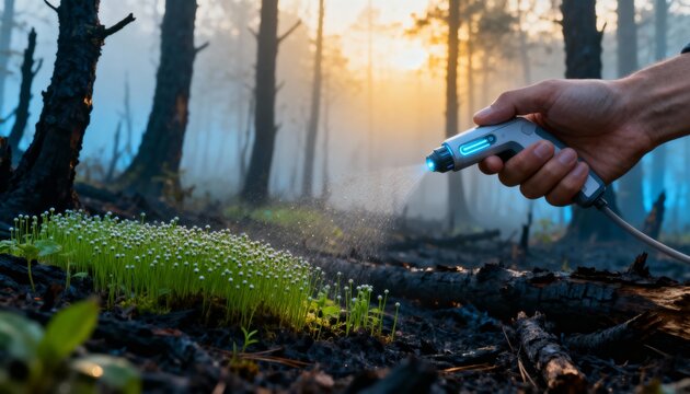 nanotechnology smart microdose sprayer treats seedlings after wildfire with healing mist in soil