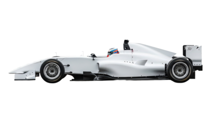 This sleek white single-seater race car, symbolizing the speed of winter sport competition, is isolated in a side profile studio shot on a bright background.