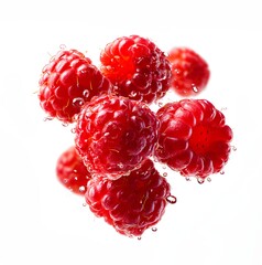 Fresh raspberries covered with glistening water droplets, highlighting vivid red color, delicate drupelet texture, and natural freshness.