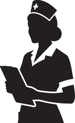 Nurse holding clipboard in uniform with cap and cross