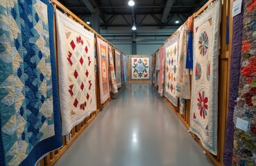 Rows of colorful handmade quilts hang on wooden racks at textile fair. Various patterns, designs like diamonds, floral motifs displayed. Central quilt intricate stitching, starburst pattern.