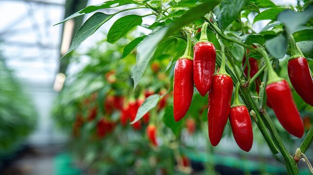 Close-up of vibrant red chili peppers hanging from lush green plants in a greenhouse.