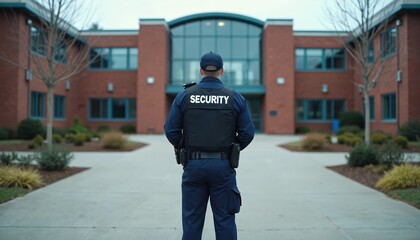 Plakat Security guard stands outside school building entrance. Uniformed officer in protective vest watches campus. Professional keeps school safe, monitors visitors, ensures order.