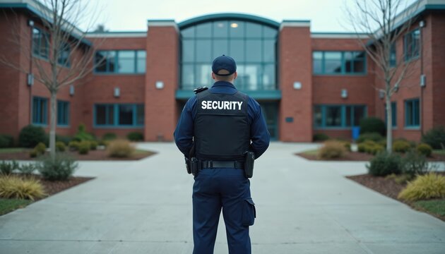 Security guard stands outside school building entrance. Uniformed officer in protective vest watches campus. Professional keeps school safe, monitors visitors, ensures order.