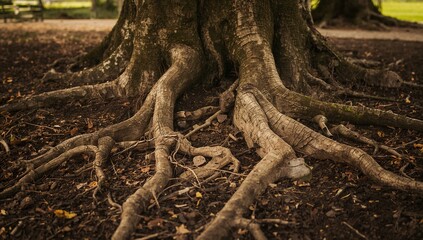 Obraz premium Exquisite Tree Roots Exposed on Ground in Natural Park Environment