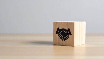 Wooden block with handshake icon on gray
