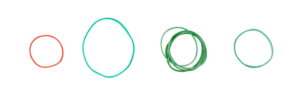 Rubber band isolated. Elastic rubberband bracelets pile, plastic flexibility circles