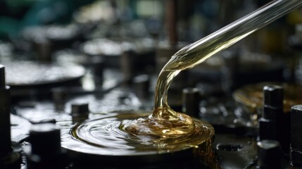 Medium shot of plantbased biodegradable lubricant being applied to metal machinery showcasing ecofriendly protection during industrial processing.