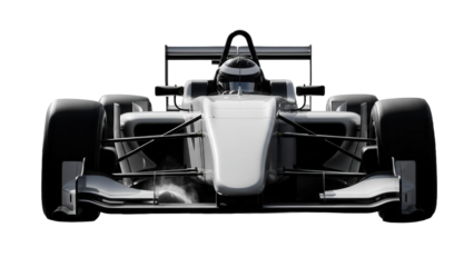 A sleek, monochromatic silver formula race car, isolated on a crisp white background, aggressively embodies the speed of winter sport competition.