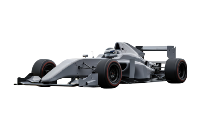 Sleek gray open-wheel racing car, ready for intense winter sport competition, isolated on a clean white background.