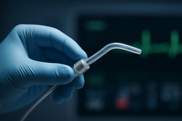 Healthcare technician hand in blue glove holding a medical instrument against a digital vitals monitor