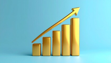Golden bar chart with upward arrow on blue