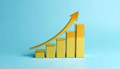 Golden bar chart with upward arrow on blue