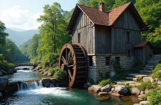 Old rustic watermill rests by a flowing stream with cascades. A large wooden wheel turns in the clear green water. Surrounded by rich trees and hills, this rural building evokes a sense of history.