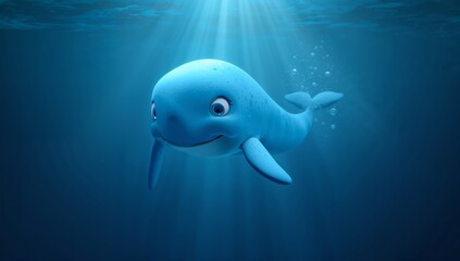 Playful Cartoon Whale Swimming in Deep Blue Ocean Waters