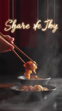 Chopsticks Picking Food. Gong Xi Fa Cai. Dynamic, action photo for sharing and mealtime with the text "SHARE THE JOY" in a light, suspended script font, with a steam haze and dark table scheme.

