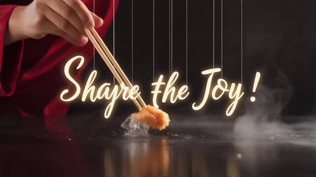 Chopsticks Picking Food. Gong Xi Fa Cai. Dynamic, action photo for sharing and mealtime with the text "SHARE THE JOY" in a light, suspended script font, with a steam haze and dark table scheme.
