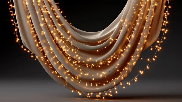 A long white curtain with lights hanging from it. The lights are on and the curtain is hanging down, creating a warm and cozy atmosphere. The lights are arranged in a way that they are evenly spaced