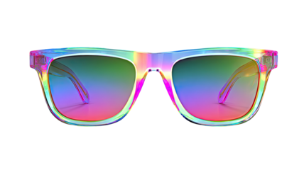 Stylish colorful plastic sunglasses with black lenses and elegant frames isolated on a white background provide summer sun protection and cool eyewear vision for modern fashion design