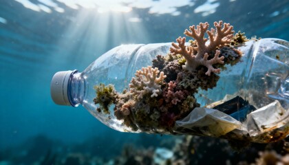 plastic pollution underwater bottle with coral attached floats above seabed trash in clear water