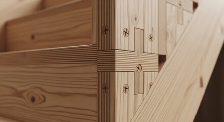 Detailed view of the connection joints on a CLT staircore prefab lift illustrating advanced craftsmanship and structural integrity in timber construction.