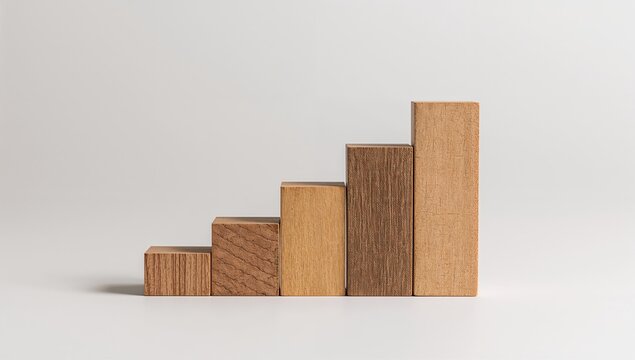 Wooden Bar Graph Displaying Incremental Growth on Neutral Background