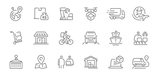 Logistics service concept. Delivery set of icons in line style. Shipping, tracking order linear symbols collection
