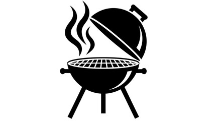 Cartoon illustration of a hot metal barbecue grill with meat cooking over a fire symbol for a camping food design or restaurant kitchen icon