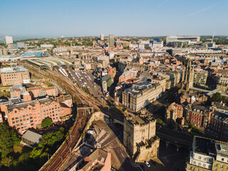 Newcastle upon Tyne: 17th Aug 2025: Drone view showcasing Newcastle Central Station. The bustling city landscape features historic architecture, sunny morning
