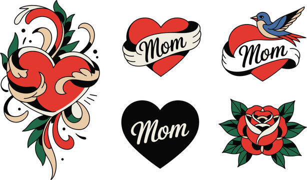 A varied set of old school tattoo elements celebrating mothers with hearts and floral designs