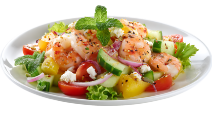 A delicious shrimp salad with vegetables on a white plate isolated on transparent background