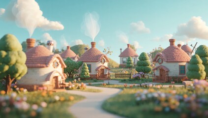 Charming Village Scene with Cozy Houses and Lush Greenery
