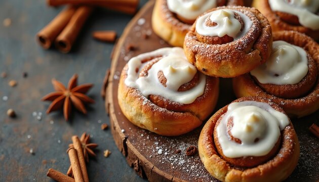 Warm cinnamon rolls topped with cream cheese frosting sit on rustic wood board. Spices like star anise, cinnamon sticks surround pastry. Sweet baked goods look delicious for breakfast dessert treat. - Powered by Adobe