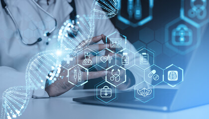 Futuristic medical technology concept with holographic health icons and DNA structure on digital blue background in healthcare innovation setting.