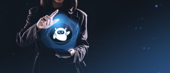 Woman interacting with chatbot hologram projected from smartphon