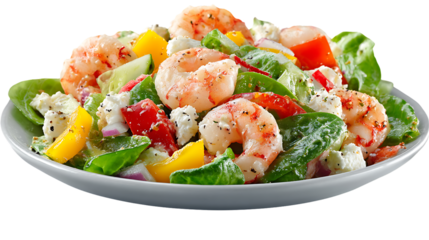 Shrimp salad with vegetables on a plate, healthy food option isolated on transparent background