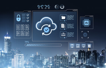 Cloud data synchronization and AI interface concept with holographic UI over cityscape background at night, showing futuristic digital technology panels.