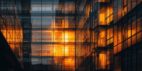 Abstract glass facade of a modern building illuminated with warm light.